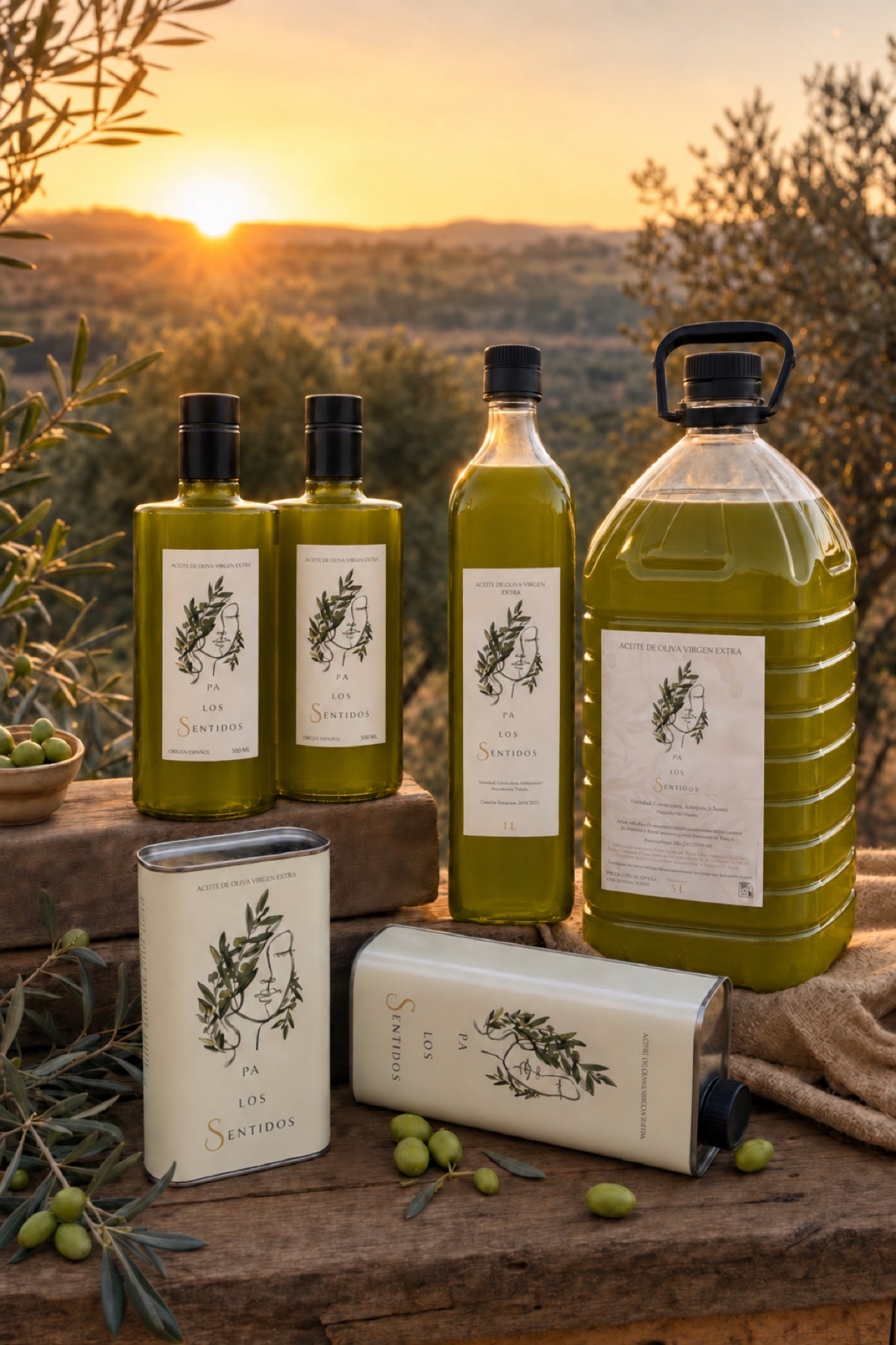 Botellas, lata y garrafa de aceite Pa los Sentidos en una escena mediterránea